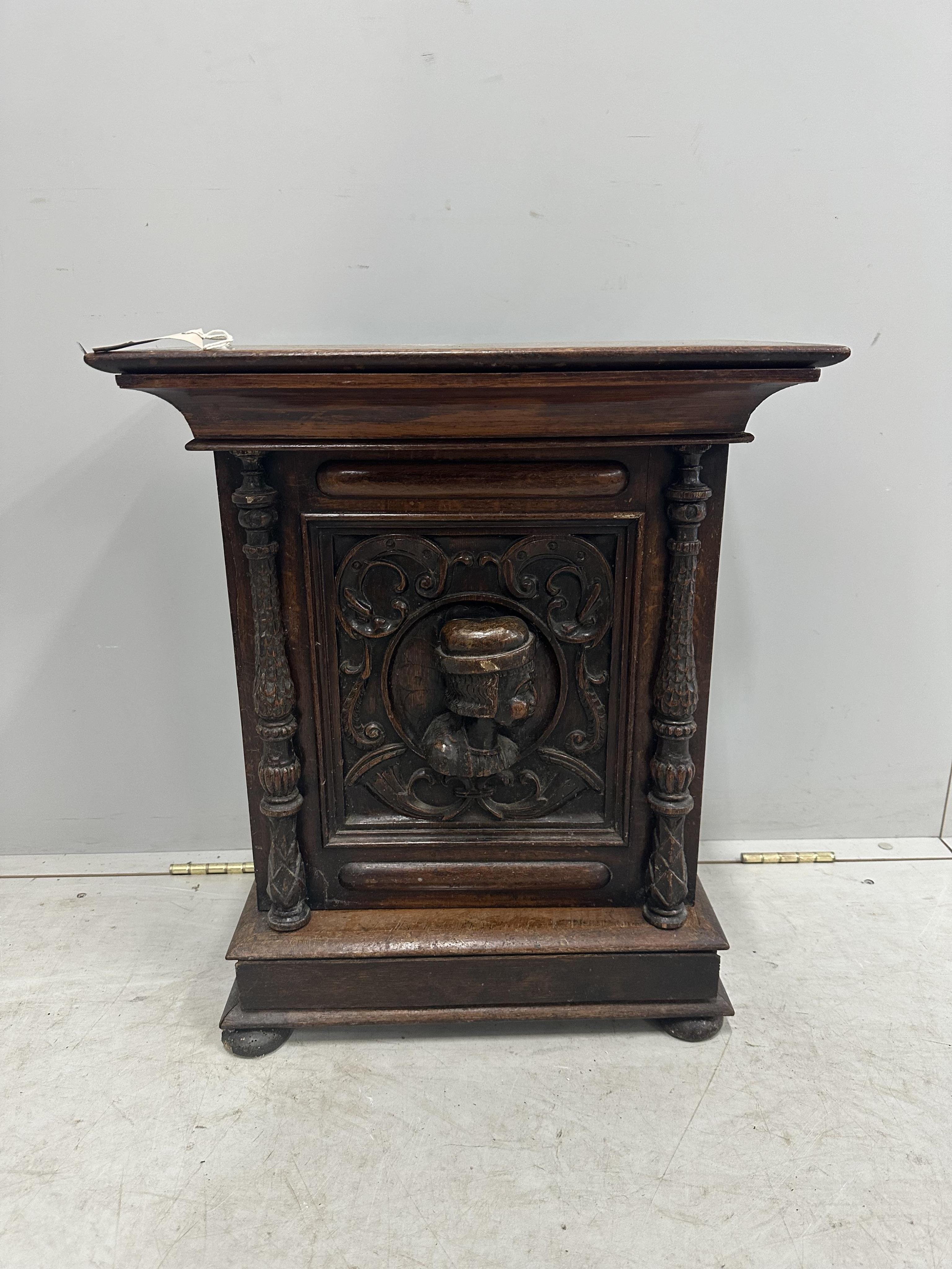 A late 19th century Flemish table cabinet, width 50cm, depth 29cm, height 58cm. Condition - fair